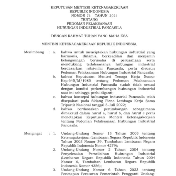 KEPMEN KETENAGAKERJAAN NOMOR 76 TAHUN 2024 TENTANG PEDOMAN PELAKSANAAN HUBUNGAN INDUSTRIAL PANCASILA