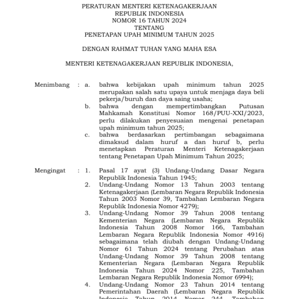 PERMENAKER NO 16 Tahun 2024 Tentang Penetapan Upah Minumum Tahun 2025